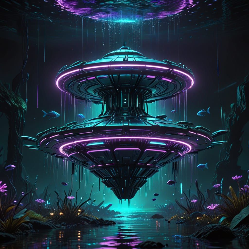 Cyberpunk UFO Emerging from Dark Depths