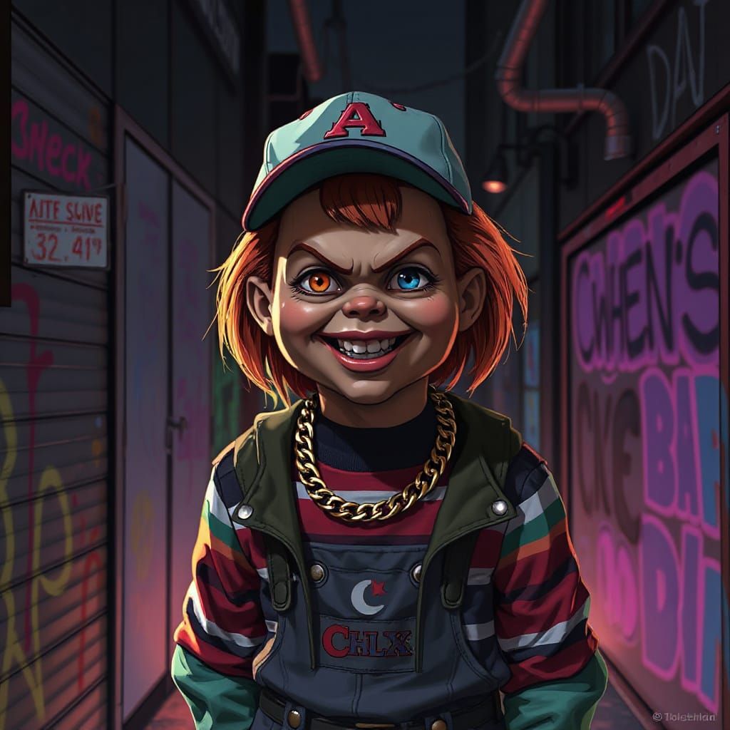Chucky in Alley, Neon-Lit Cyberpunk Style