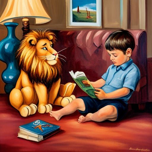 Boy and Lion Reading Book in Retro Room
