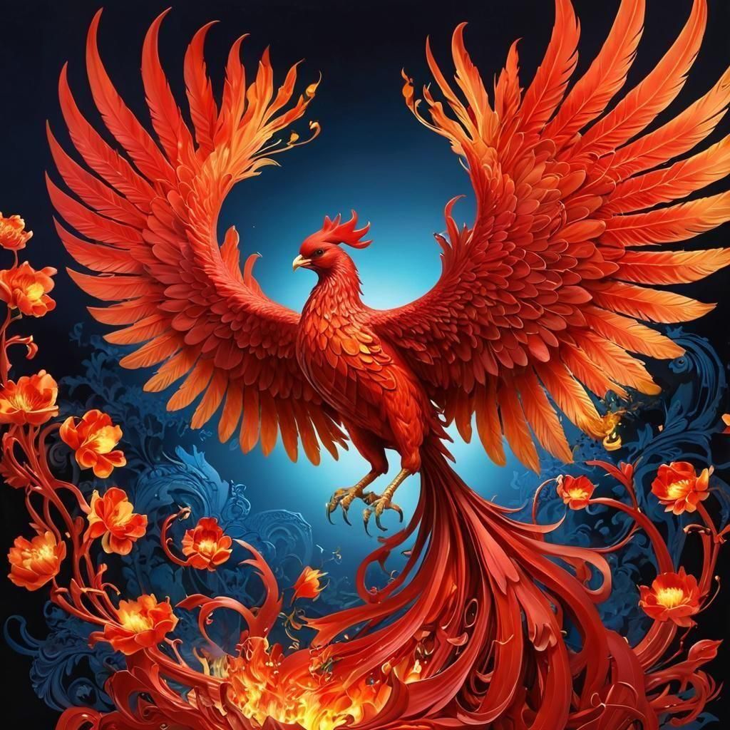 Blazing Red Fire Phoenix in Flight: A Digital Painting