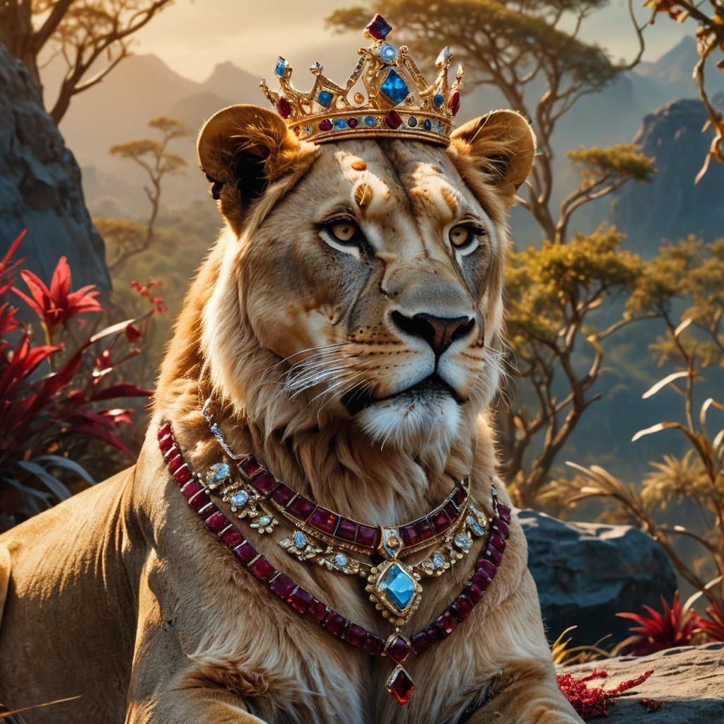 Crowned Lioness with Ruby Necklace: Fantasy Art