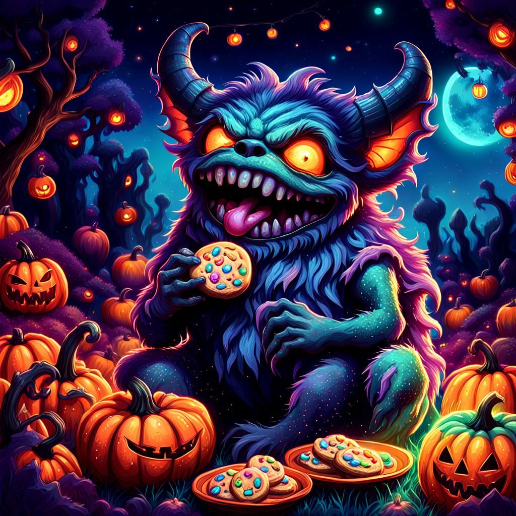 Happy Monster in Neon Pumpkin Patch