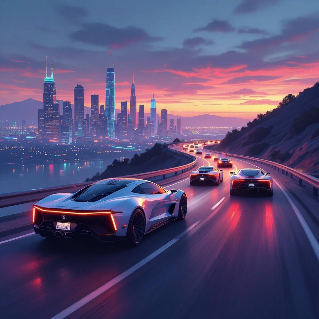 Cars Speeding on Winding Road in Futuristic Style