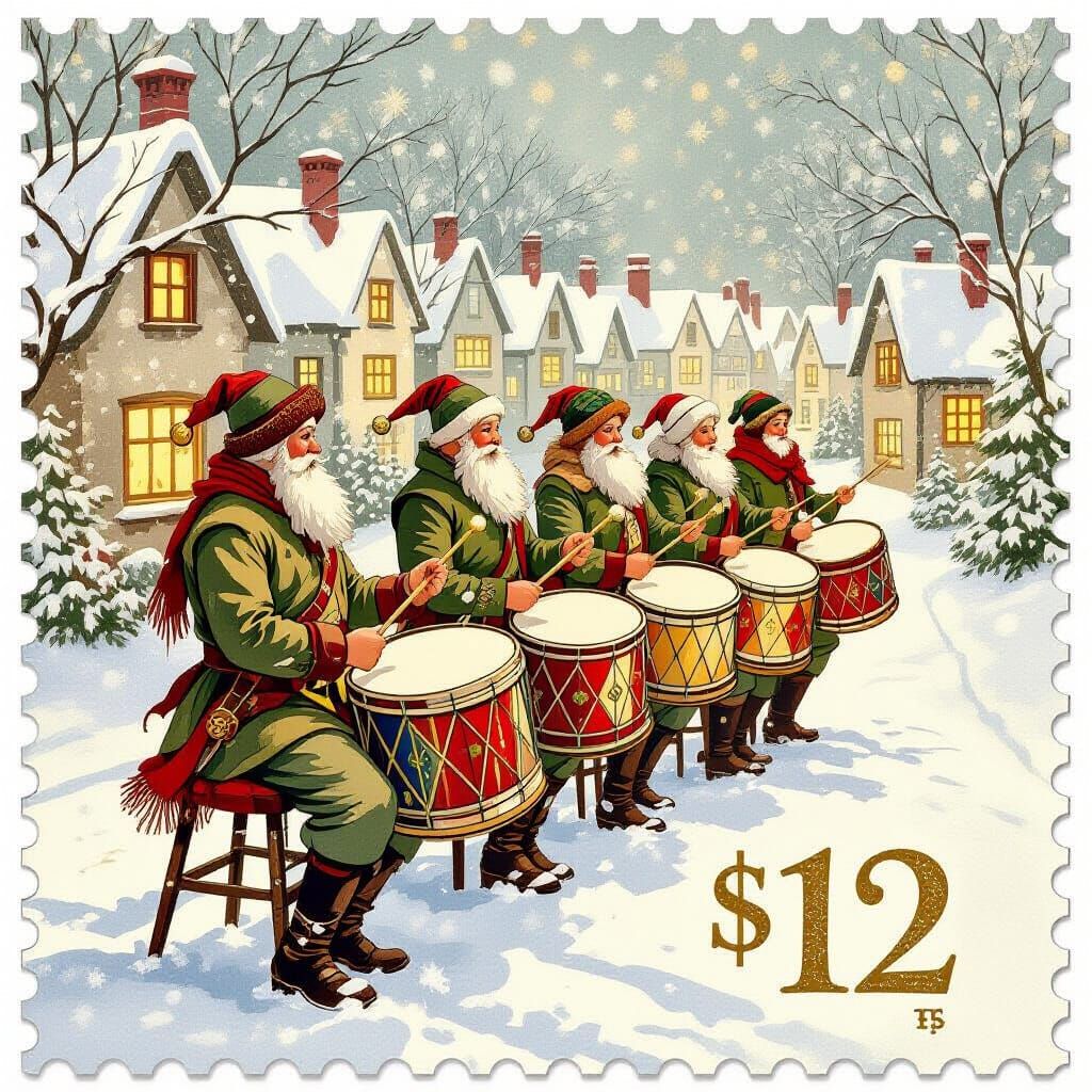 Christmas Stamp: 12 Drummers Drumming, $12 Denomination