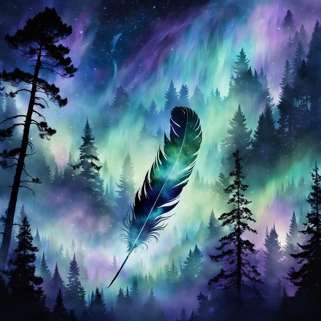 Double Exposure Feather Silhouette with Aurora Borealis