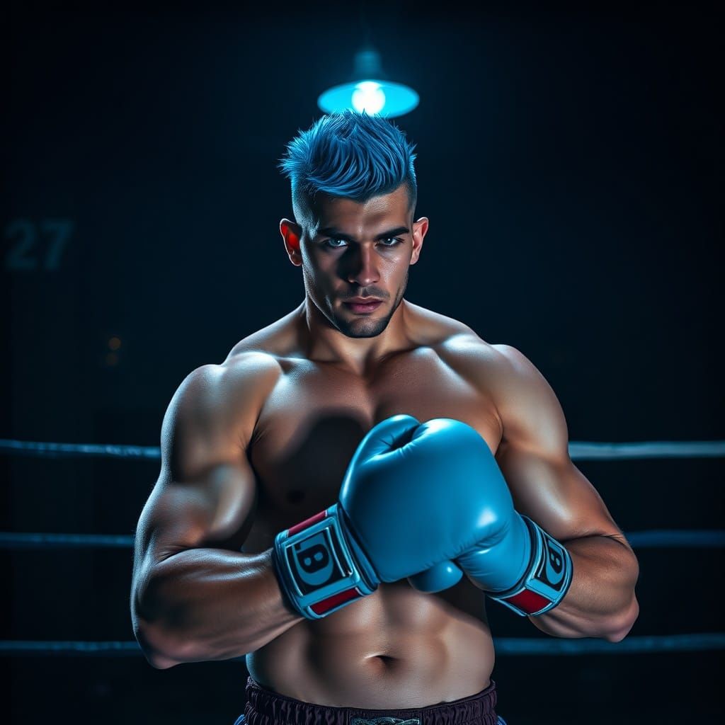 Muscular Boxer in Blue-Lit Deserted Ring