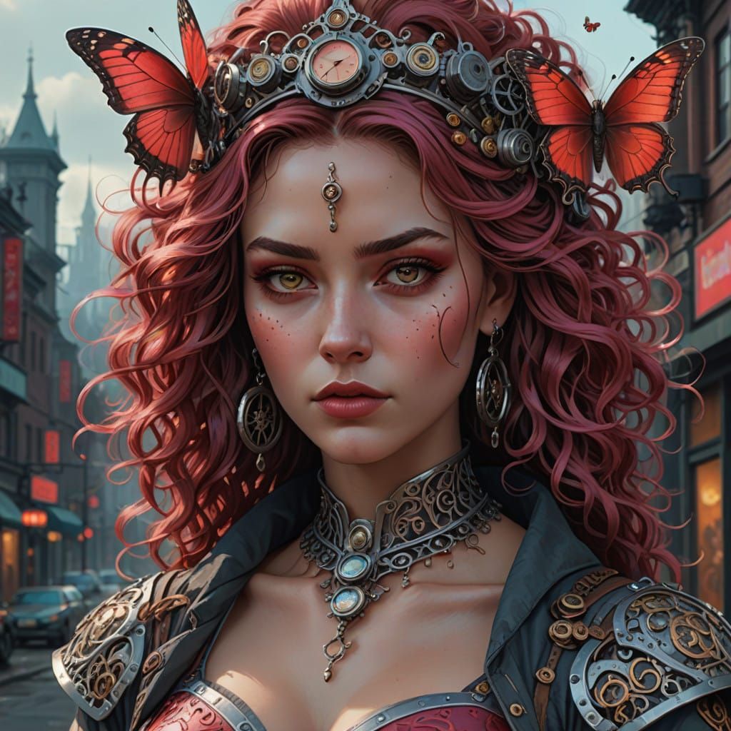 Stunning Steampunk Digital Portrait in Bold Red and Silver
