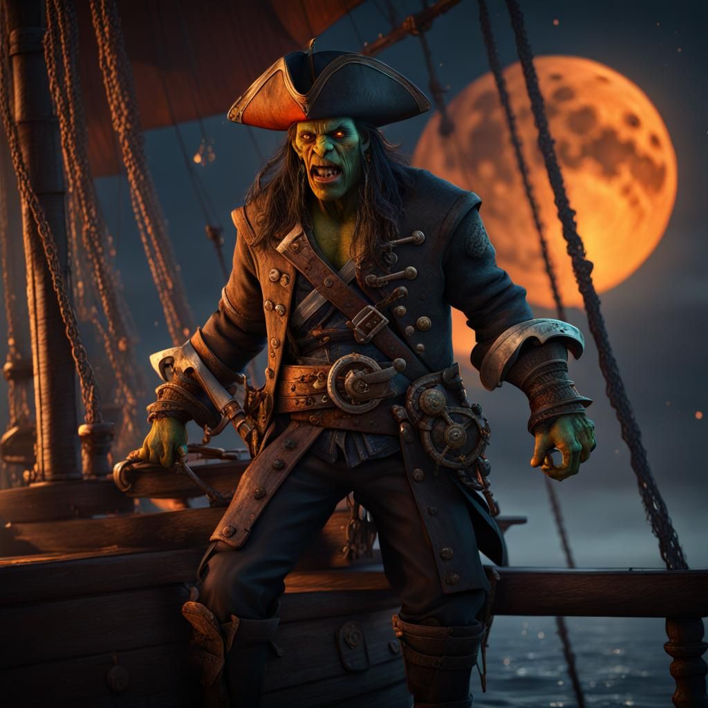 Orc Pirate on Ship Under Orange Moon