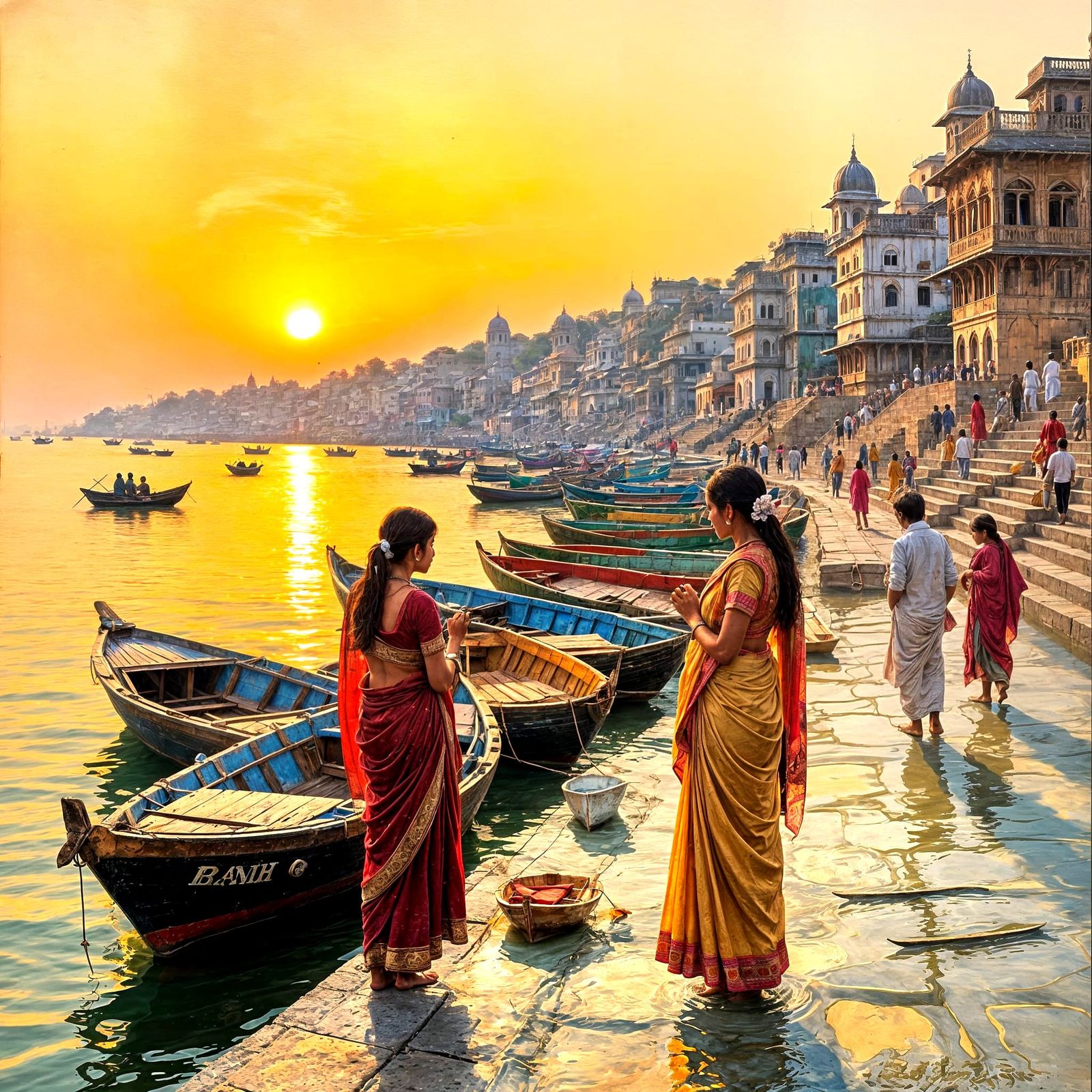 Banaras Holy City Landscape with Sunrise in Oil Paint