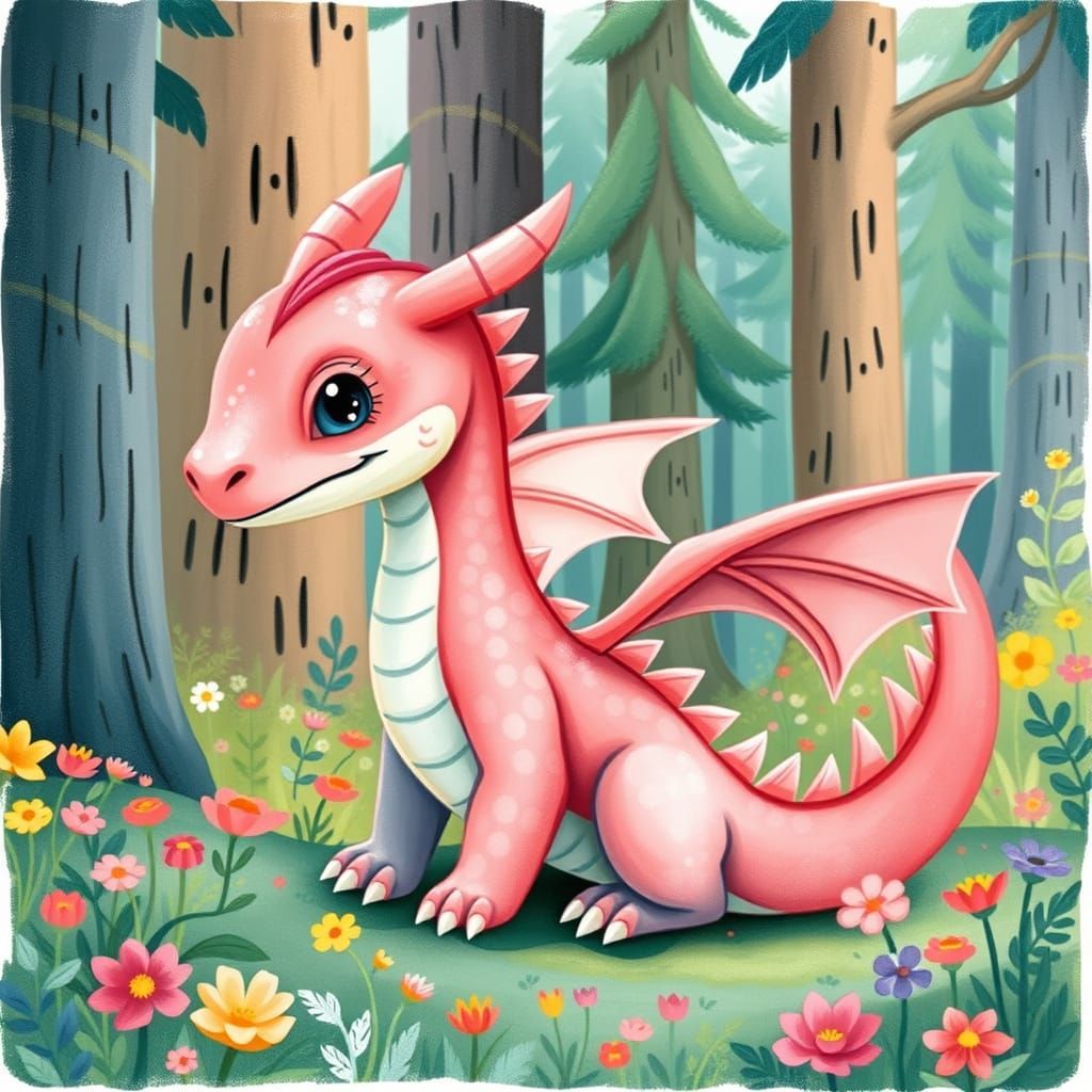 Pastel Dragon in Whimsical Forest Scene