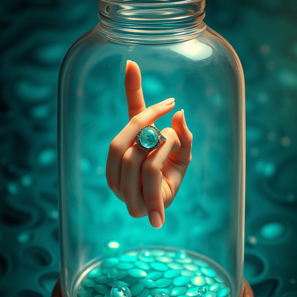 Finger in Apothecary Jar with Mermaid Scales