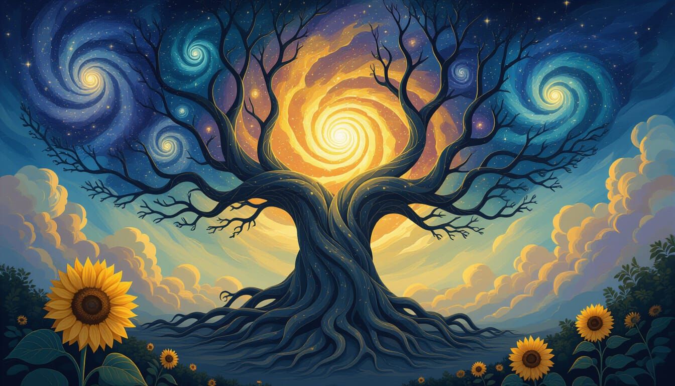Cosmic Tree and Sunflower in Ethereal Fantasy Art