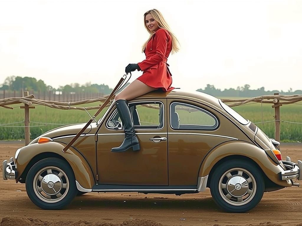 Vibrant Cowgirl Rides Cherry-Red VW Beetle in Whimsical Styl...