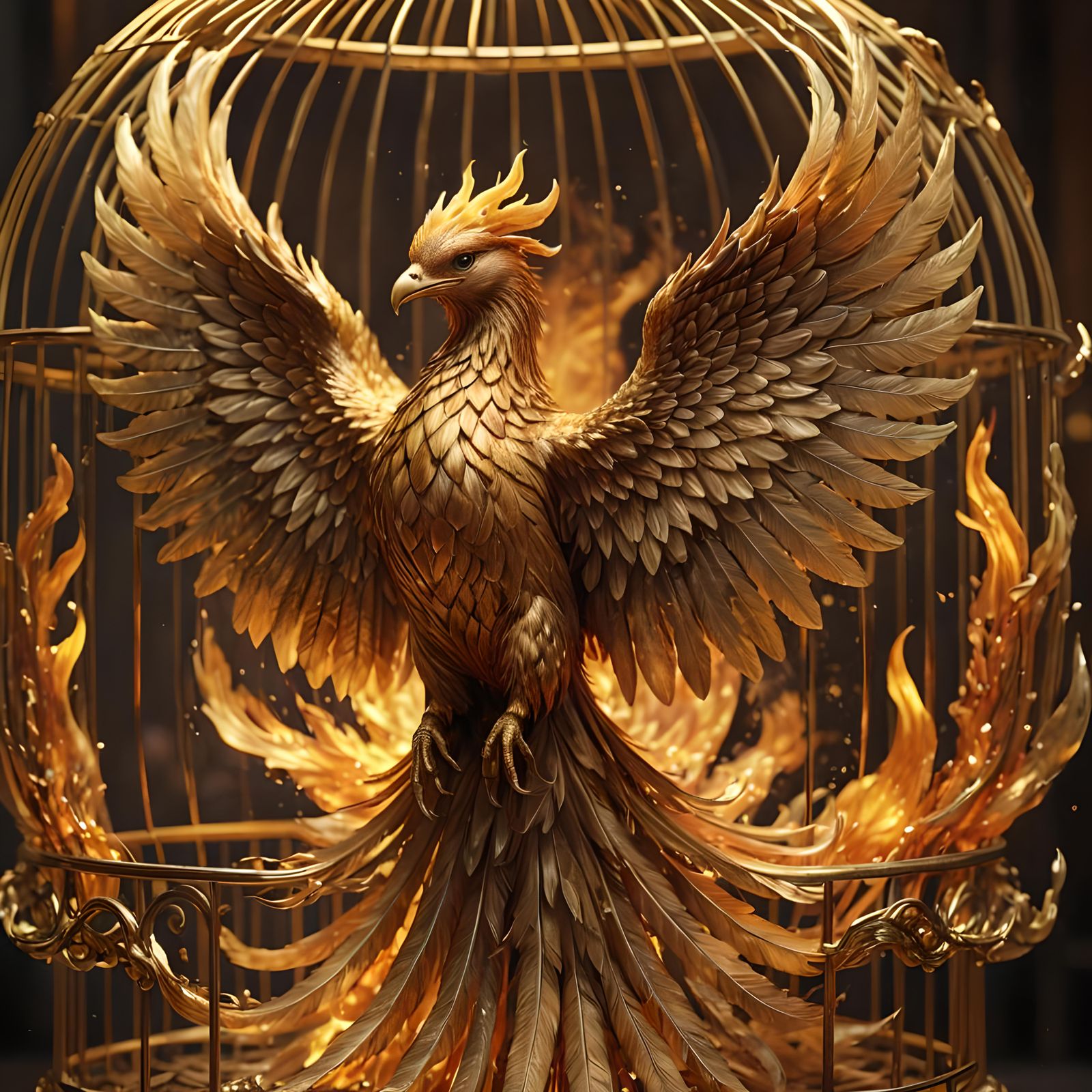 Golden Phoenix Imprisoned in Cage with Ethereal Flames