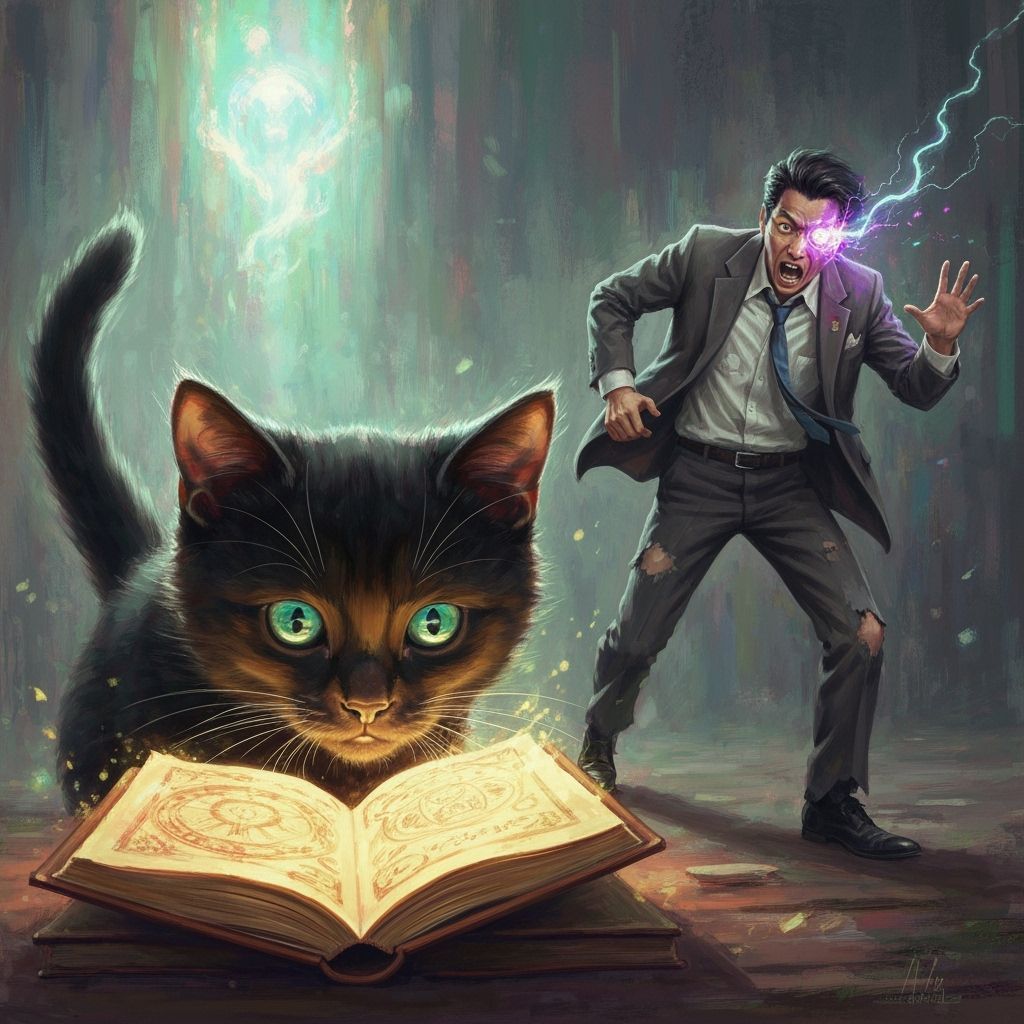 Surreal Painting of Kitten Gazing at Magic Book