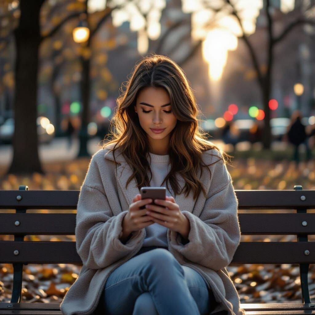 Hyper-Realistic Woman on NYC Park Bench Absorbed in Phone