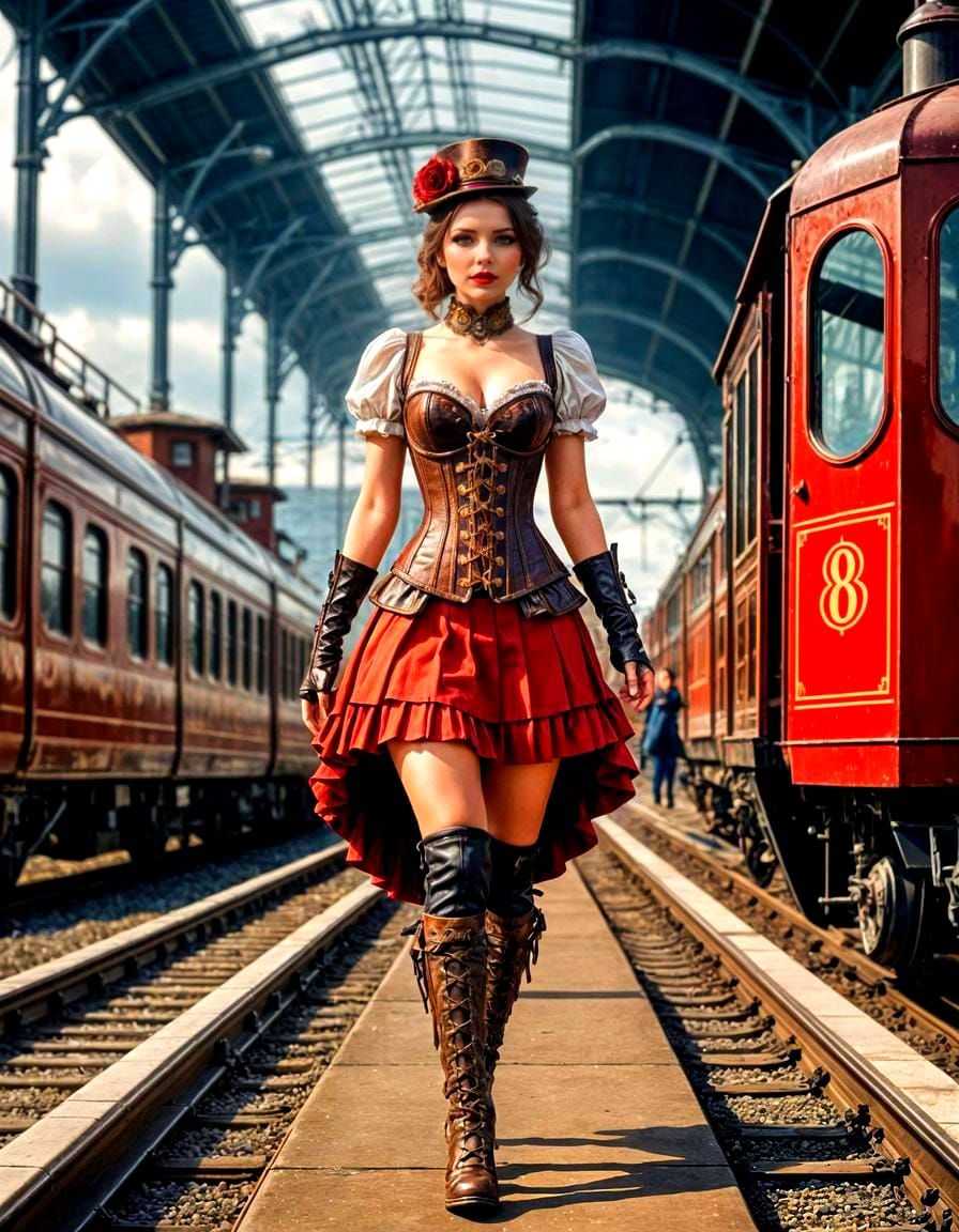 Steampunk Siren on the Railway Platform