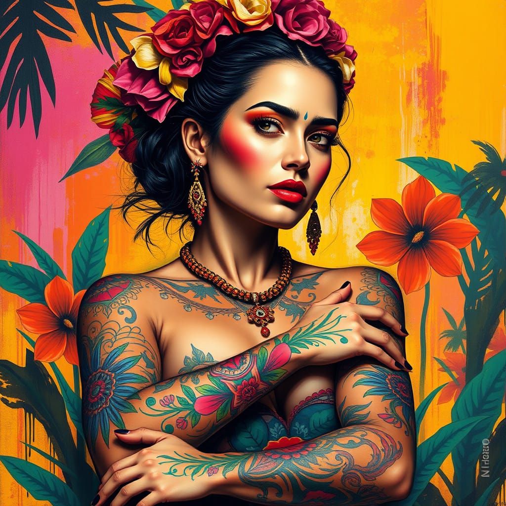 Expressive Latina Goddess in Vibrant Tattoo Art