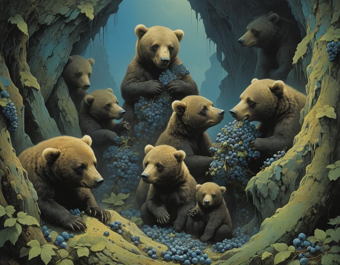 Bear Cubs Feast: A Dark Fantasy Scene