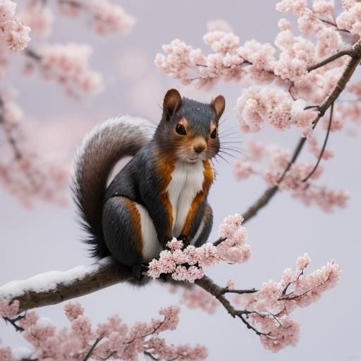 Squirrel in Winter Sakura Tree, Impressionist Oil Painting