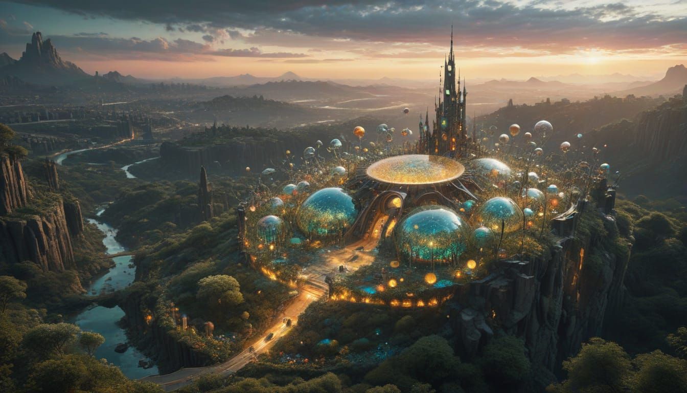 3D above view beautiful solarpunk aetherpunk idyllic utopian world with vast lush undulating landscape filled with thous...