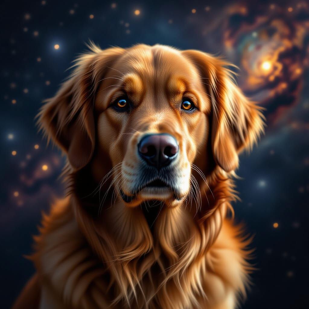 Golden Retriever Contemplating the Cosmos in Rembrandt Light