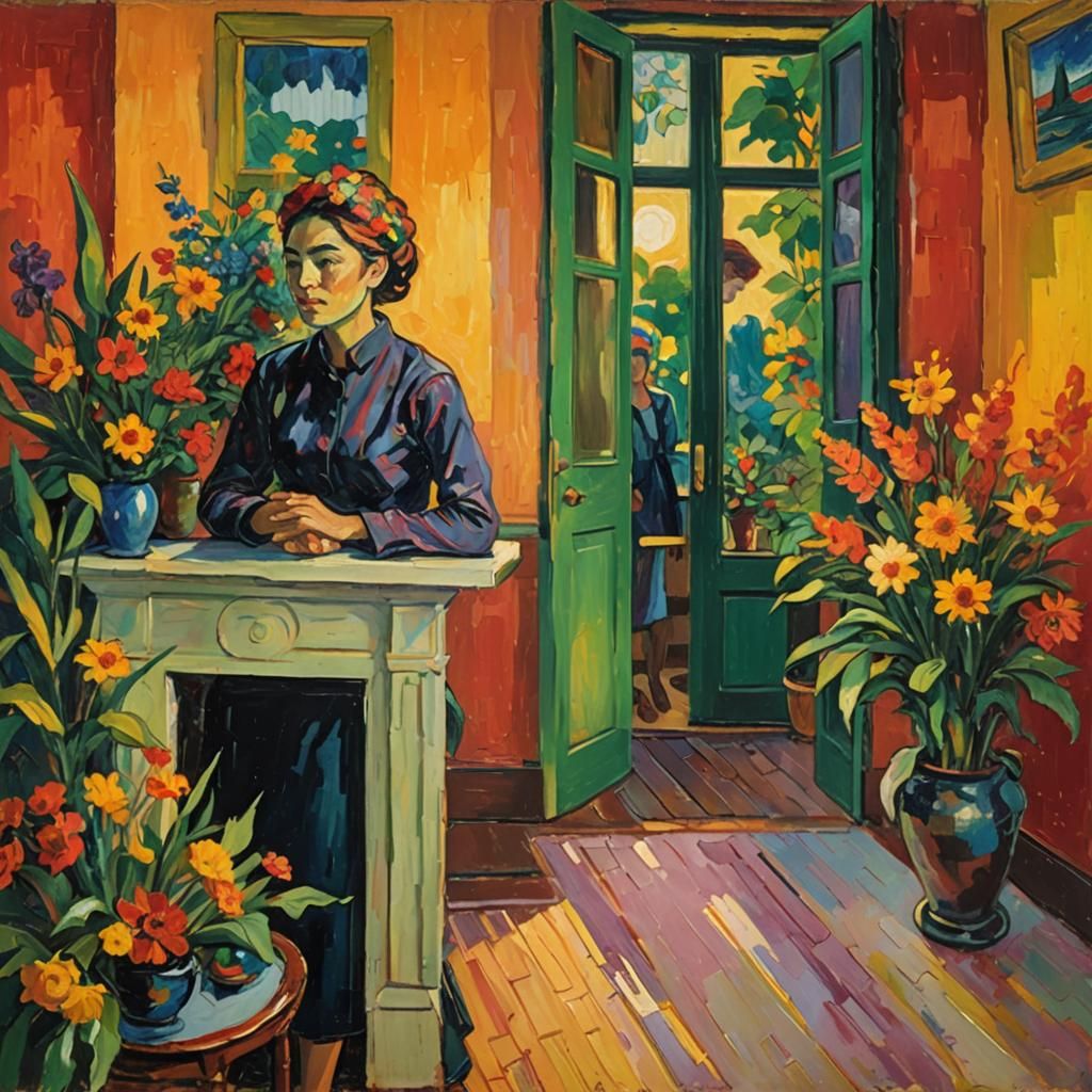 Woman in Flower Shop: Fauvist Painting