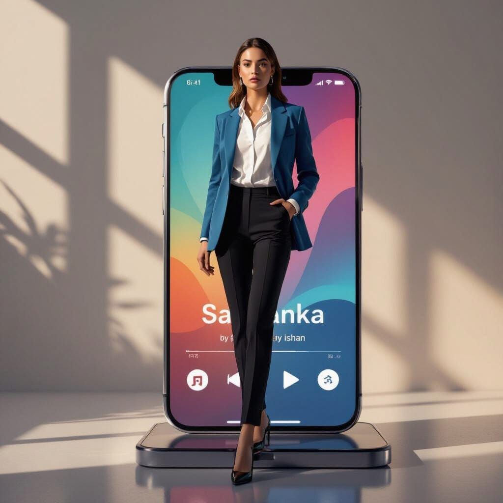 Woman Confidently Standing on Giant Smartphone