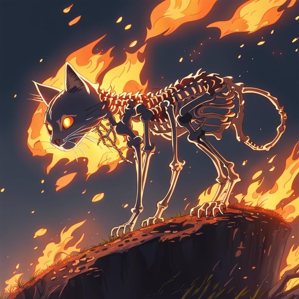 Fiery Cat Skeleton in Studio Ghibli Anime Style