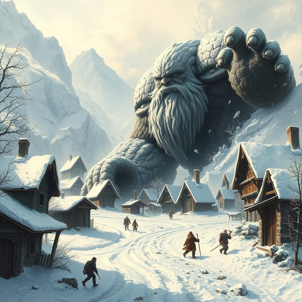 Epic Winter Giant Rampages Through Village in Frazetta-Inspi...