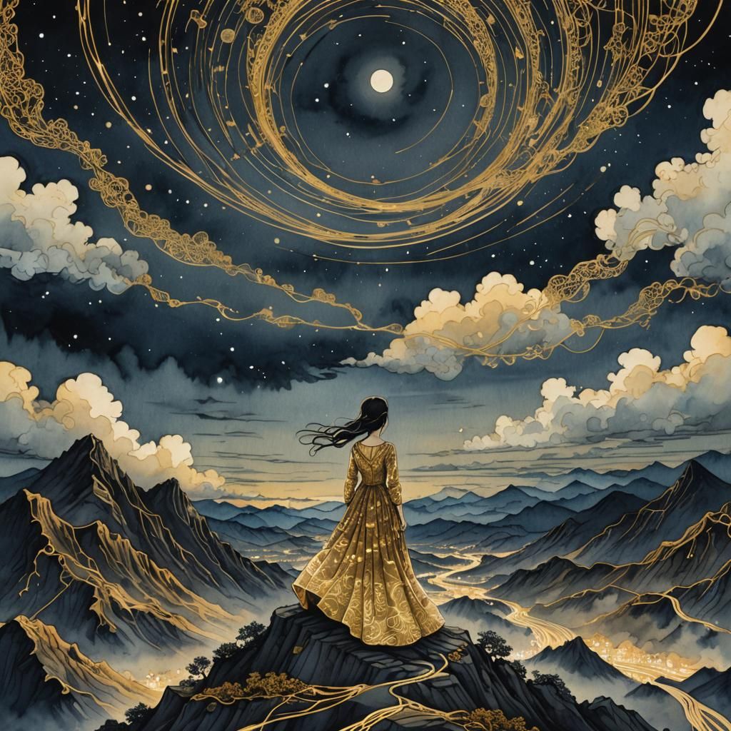 Woman Gazing at Cosmic Sky in Watercolor Style
