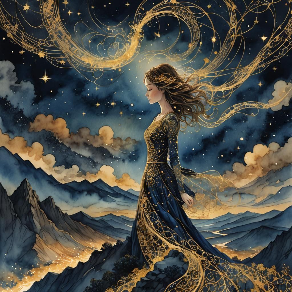 Surreal Gold Filigree Woman Gazing at Cosmic Sky
