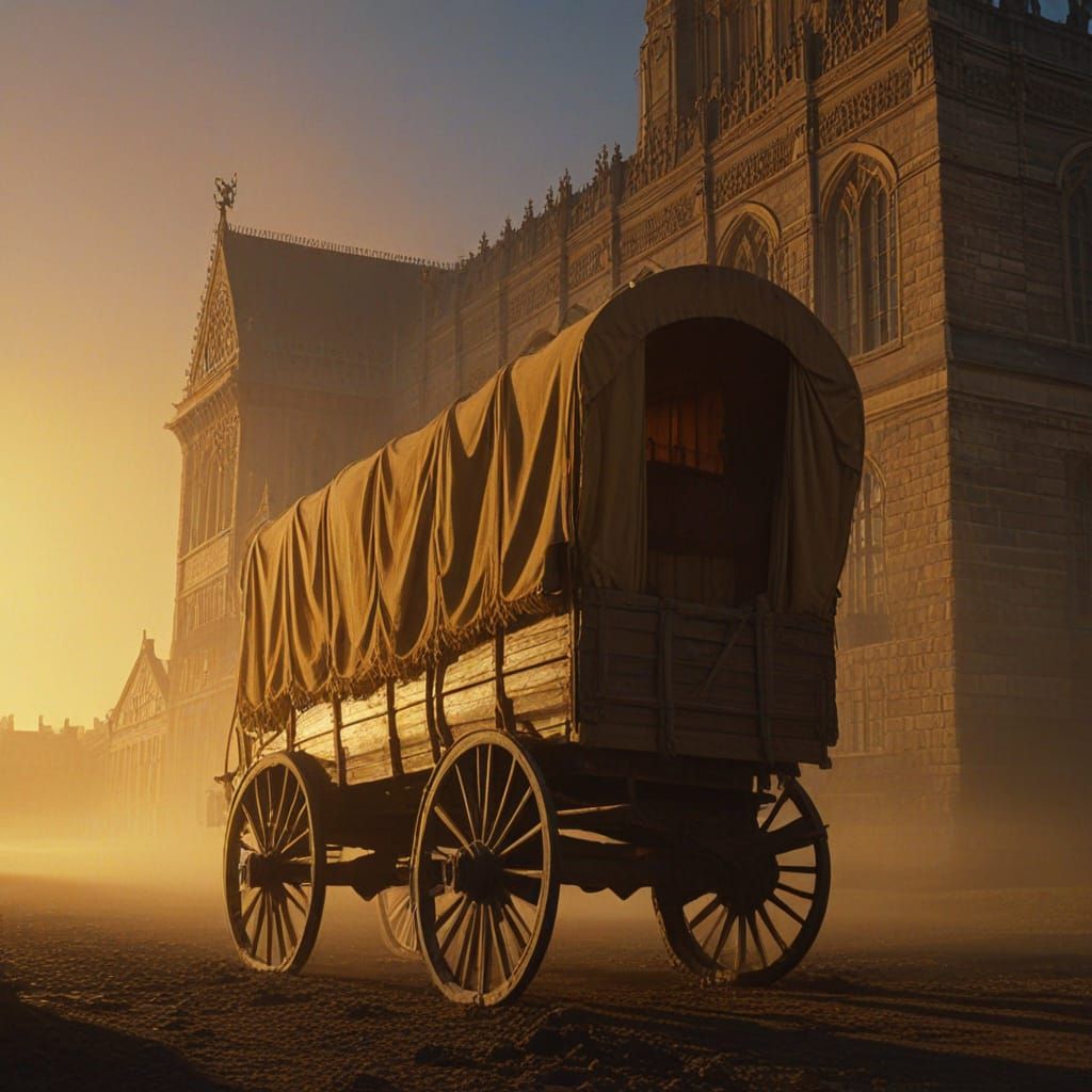 Surreal Old West Wagon Crashes Parliament, Oil Painting