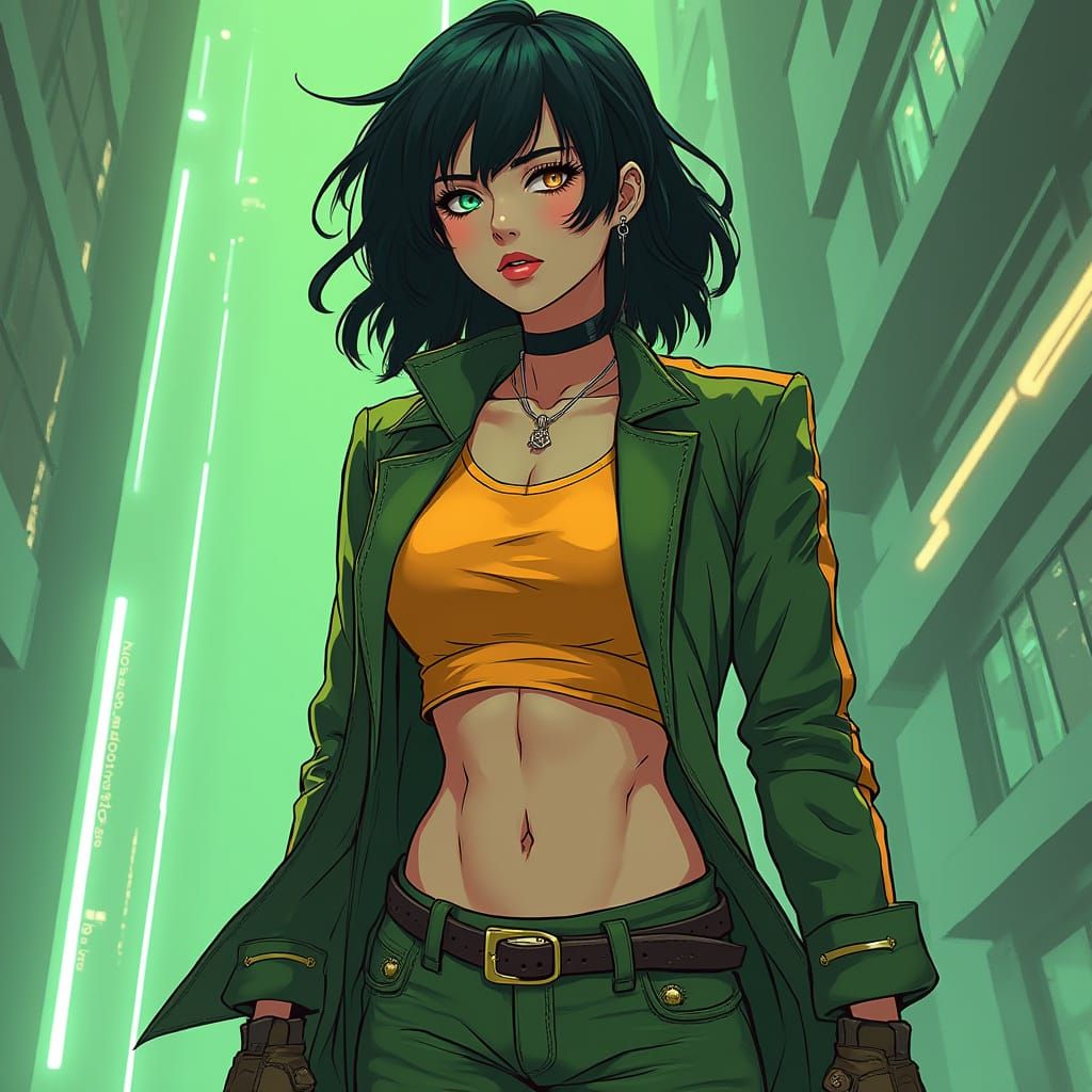Anime Woman in Neon Cyberpunk Outfit, Cel-Shaded Style