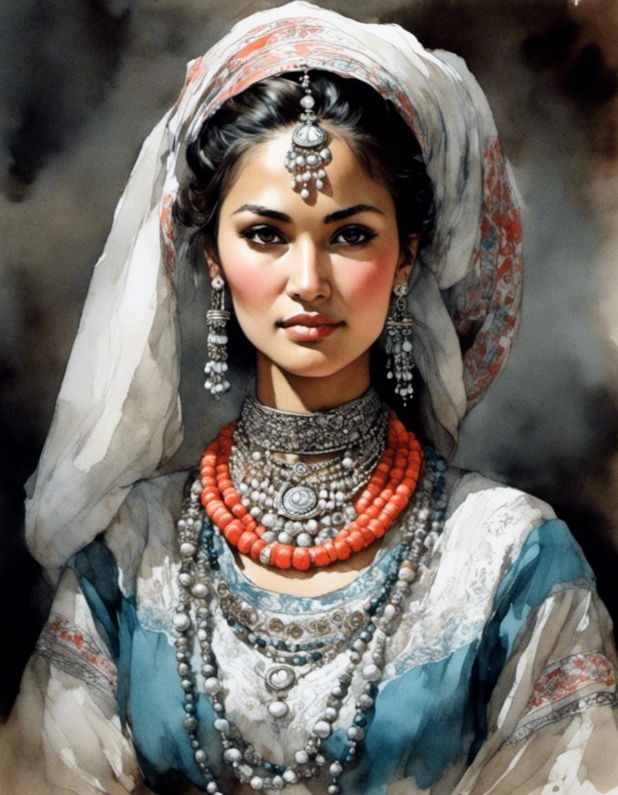 Tatar Woman Portrait in Traditional Dress, Sketch Style