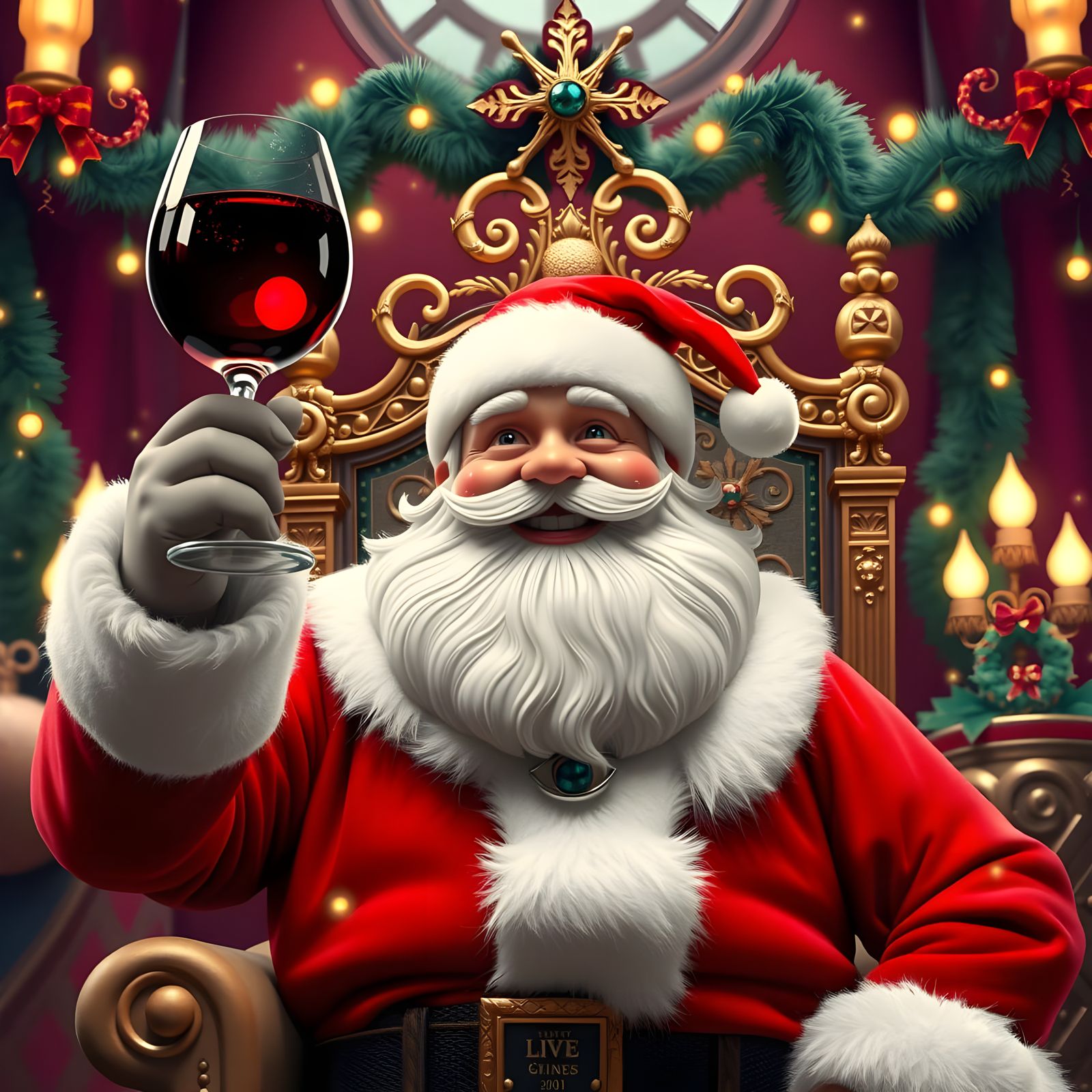Jolly Santa Claus Raises Glass in Whimsical Winter Wonderlan...