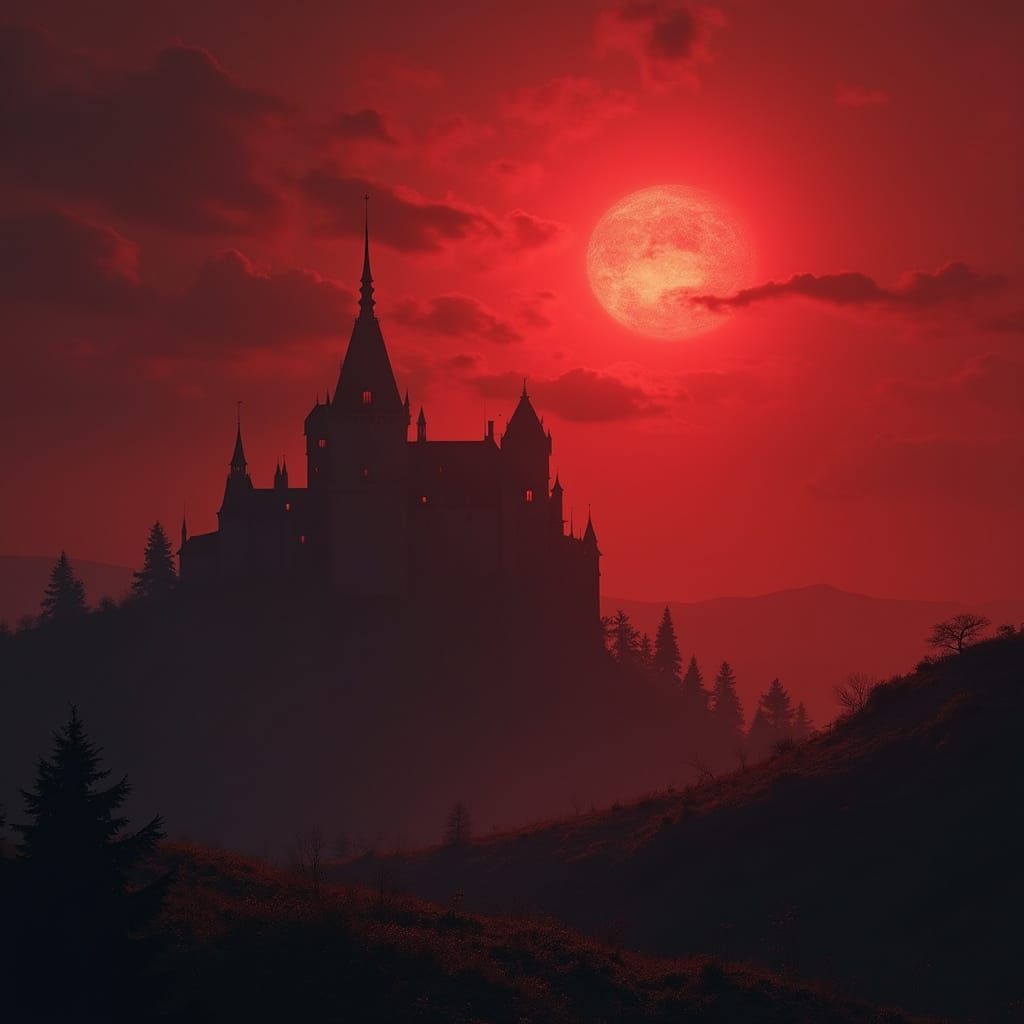 Dark Castle Under a Red Blood Sky