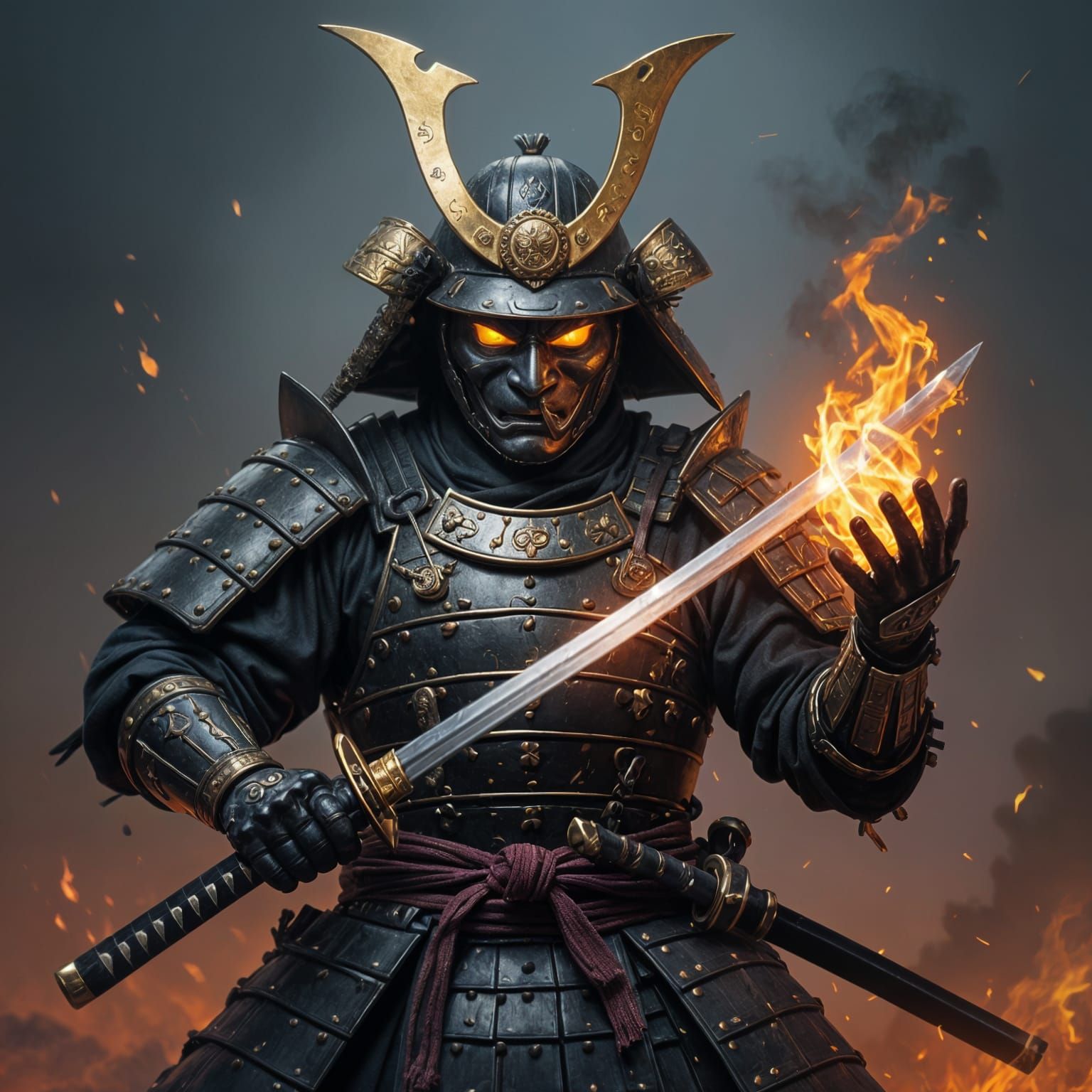 Armored Samurai Warrior with Oni Mask