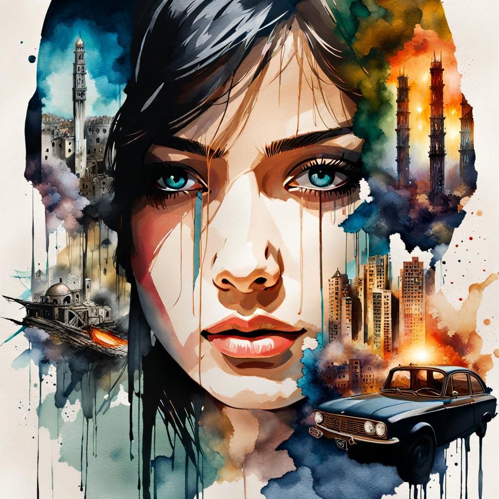 Crying Girl Double Exposure Watercolor Illustration