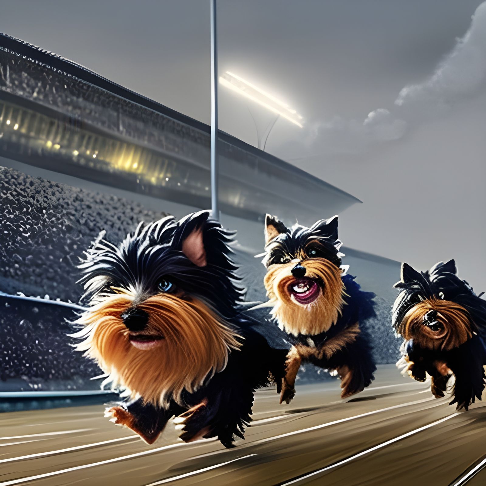 Yorkshire Terriers running for the finish line