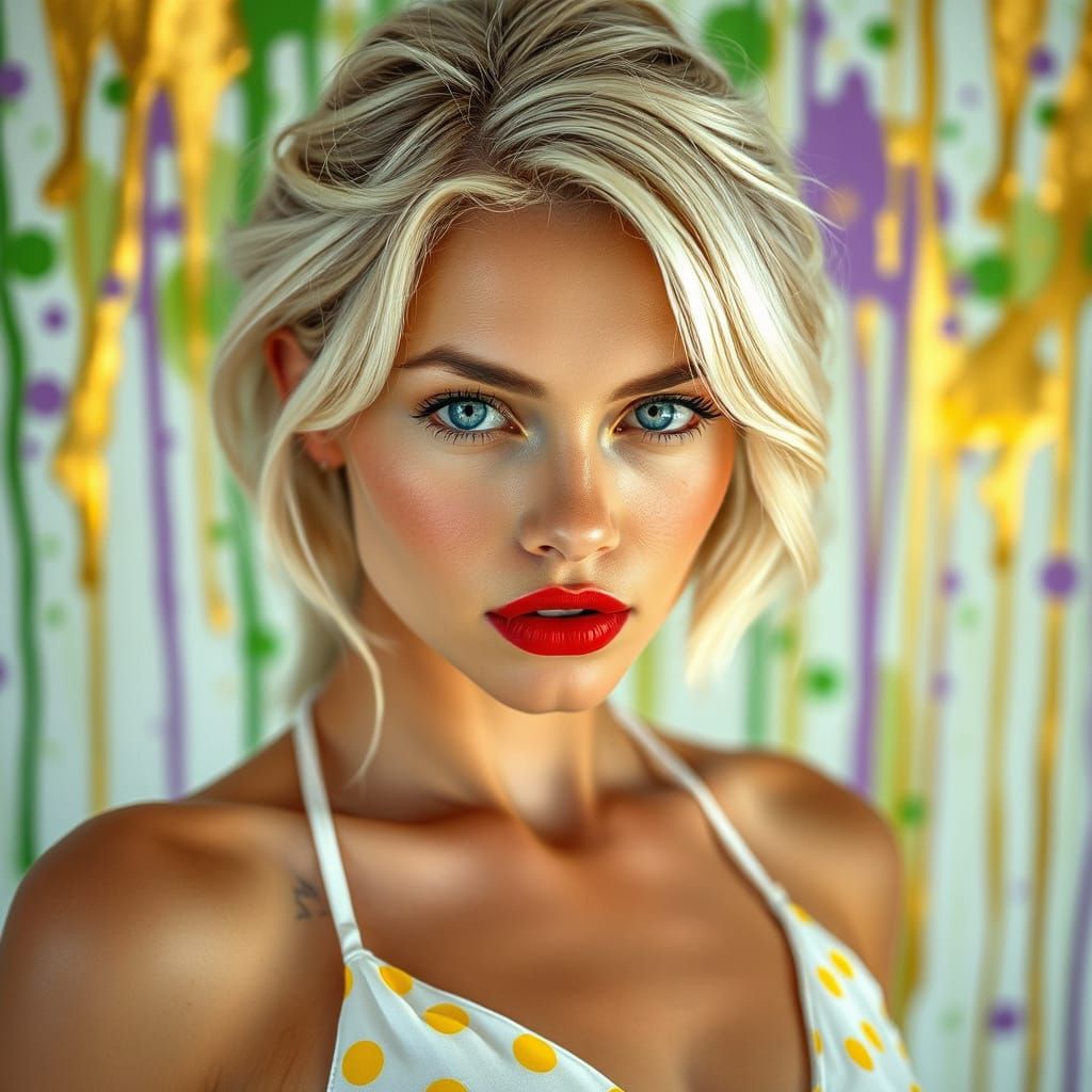 Blond Model in Playful Splatter Paint Backdrop