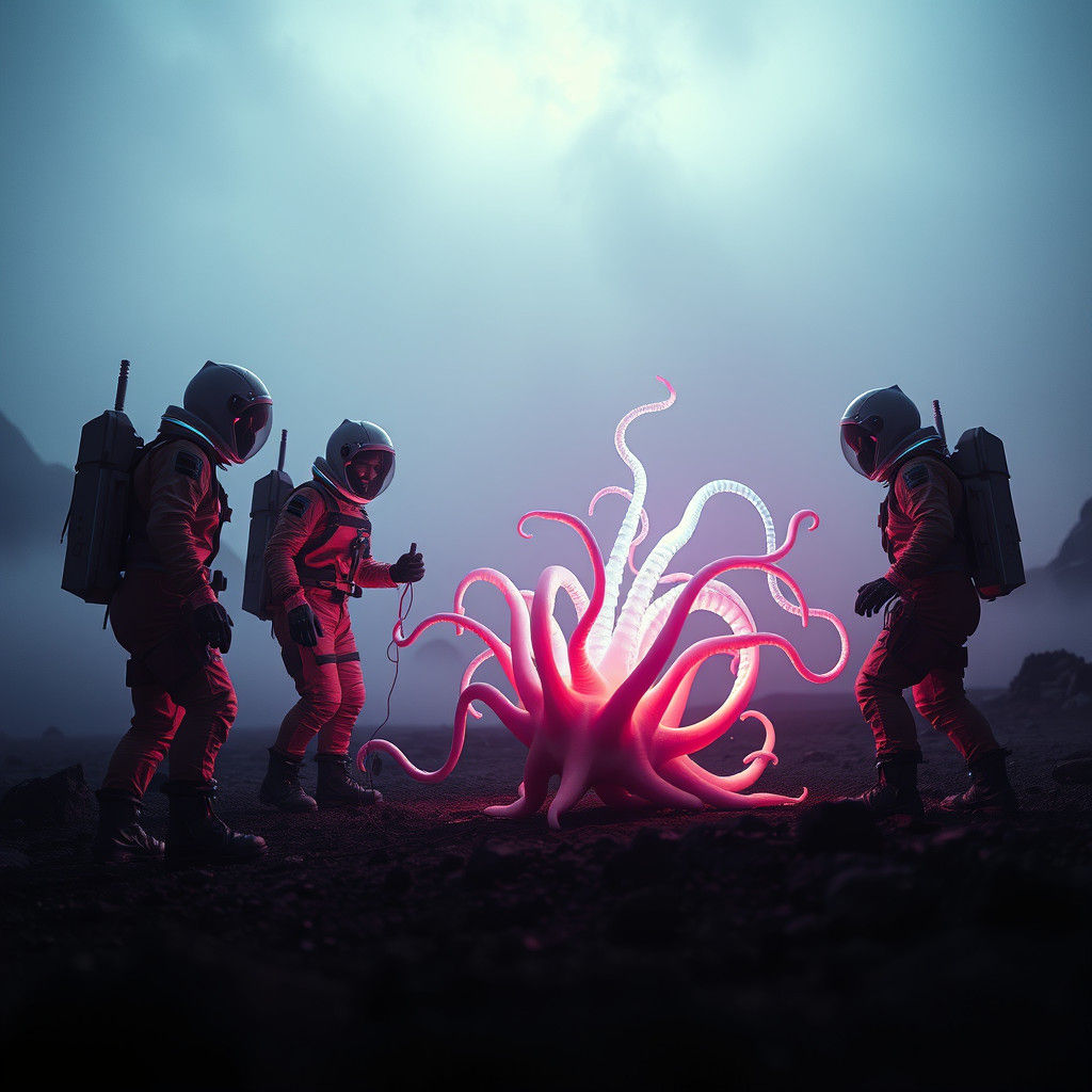 Astronauts Tend Moucably on Misty Alien Planet