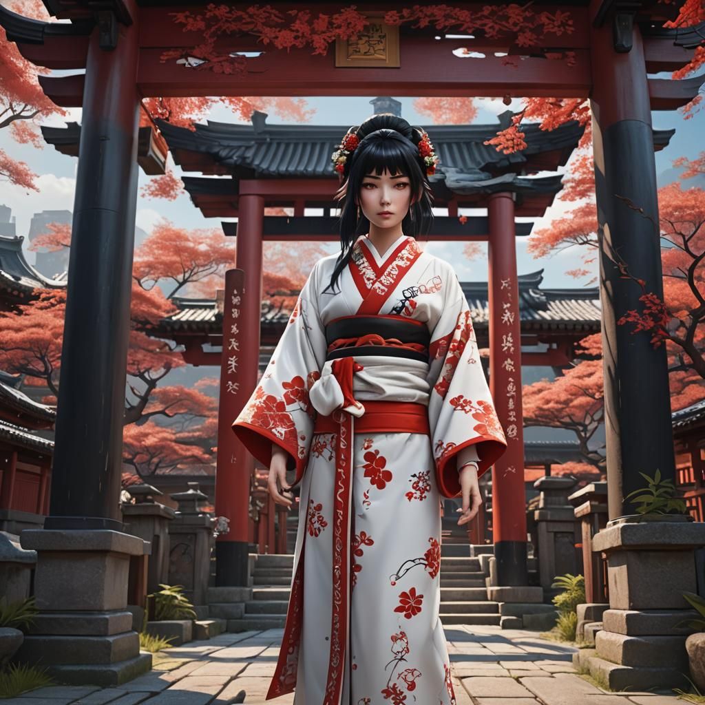Kimono Woman at Torii Gate: Detailed Digital Painting