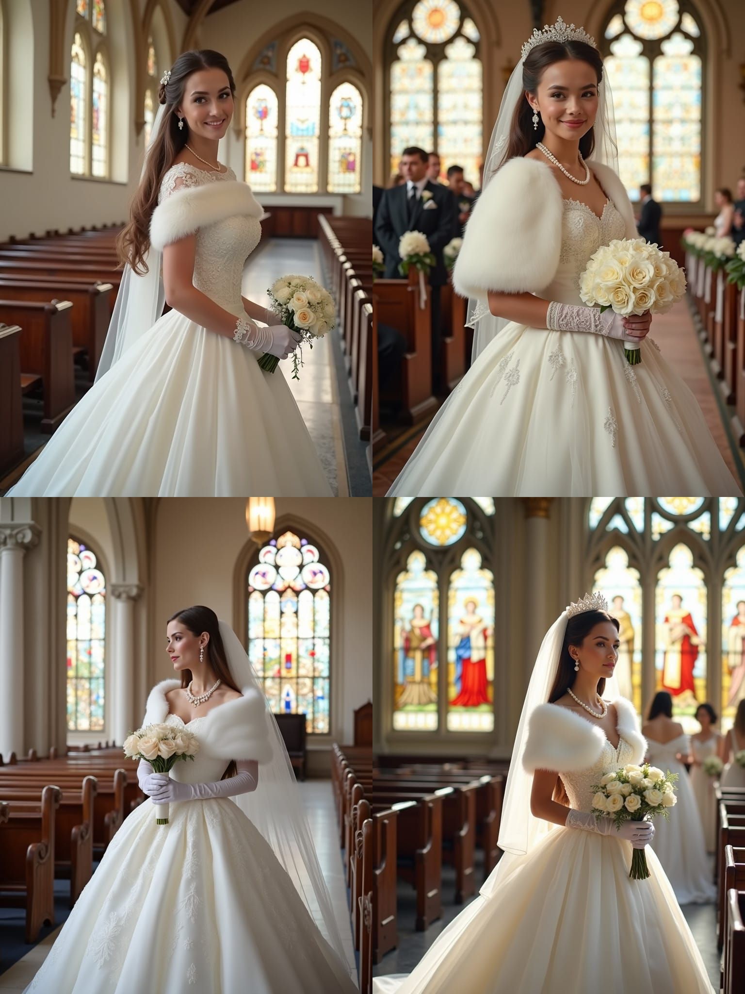Bride in White Satin Wedding Dress with Pearl Jewelry