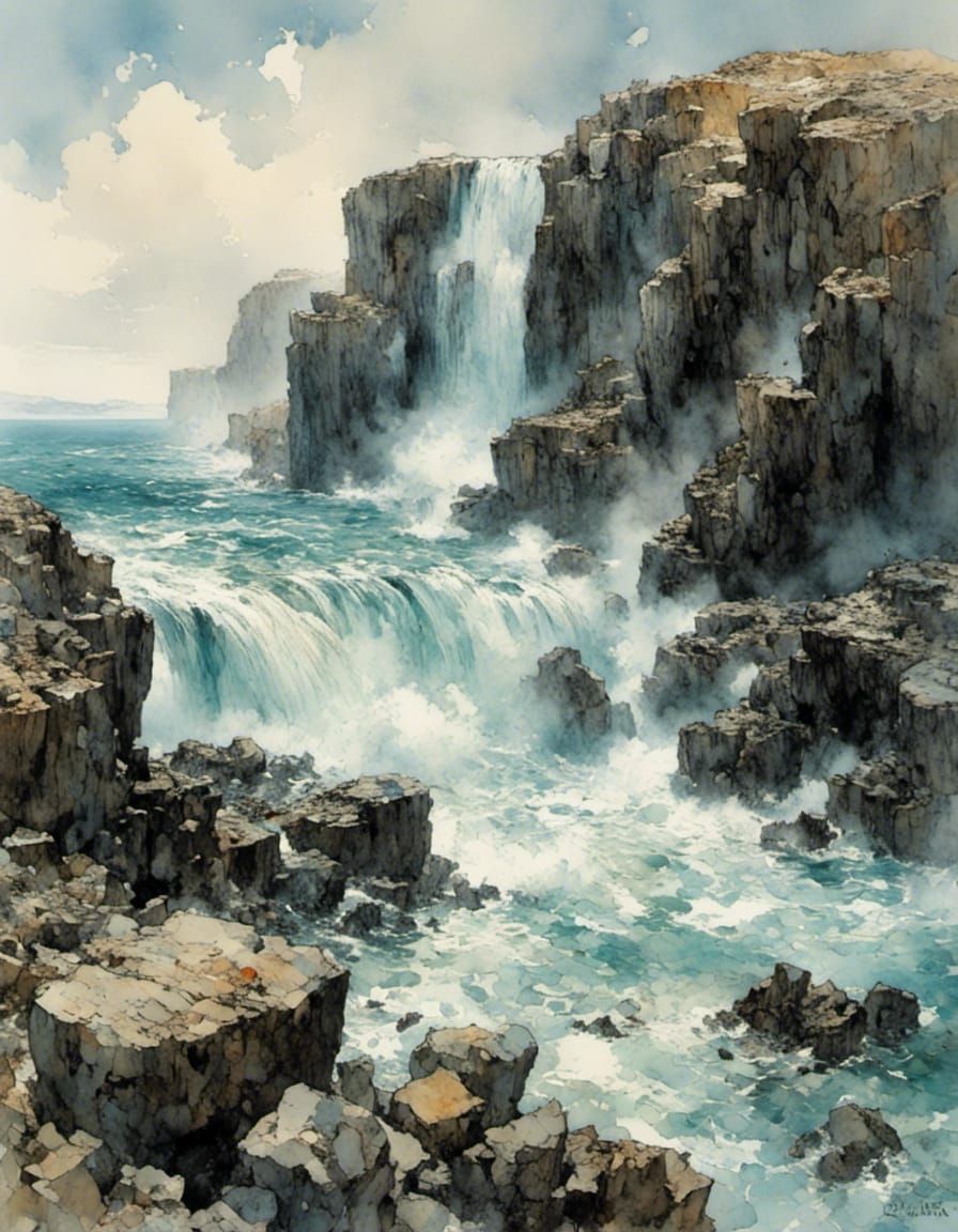 Coastal Scene: Waves Crashing on Basalt Rocks