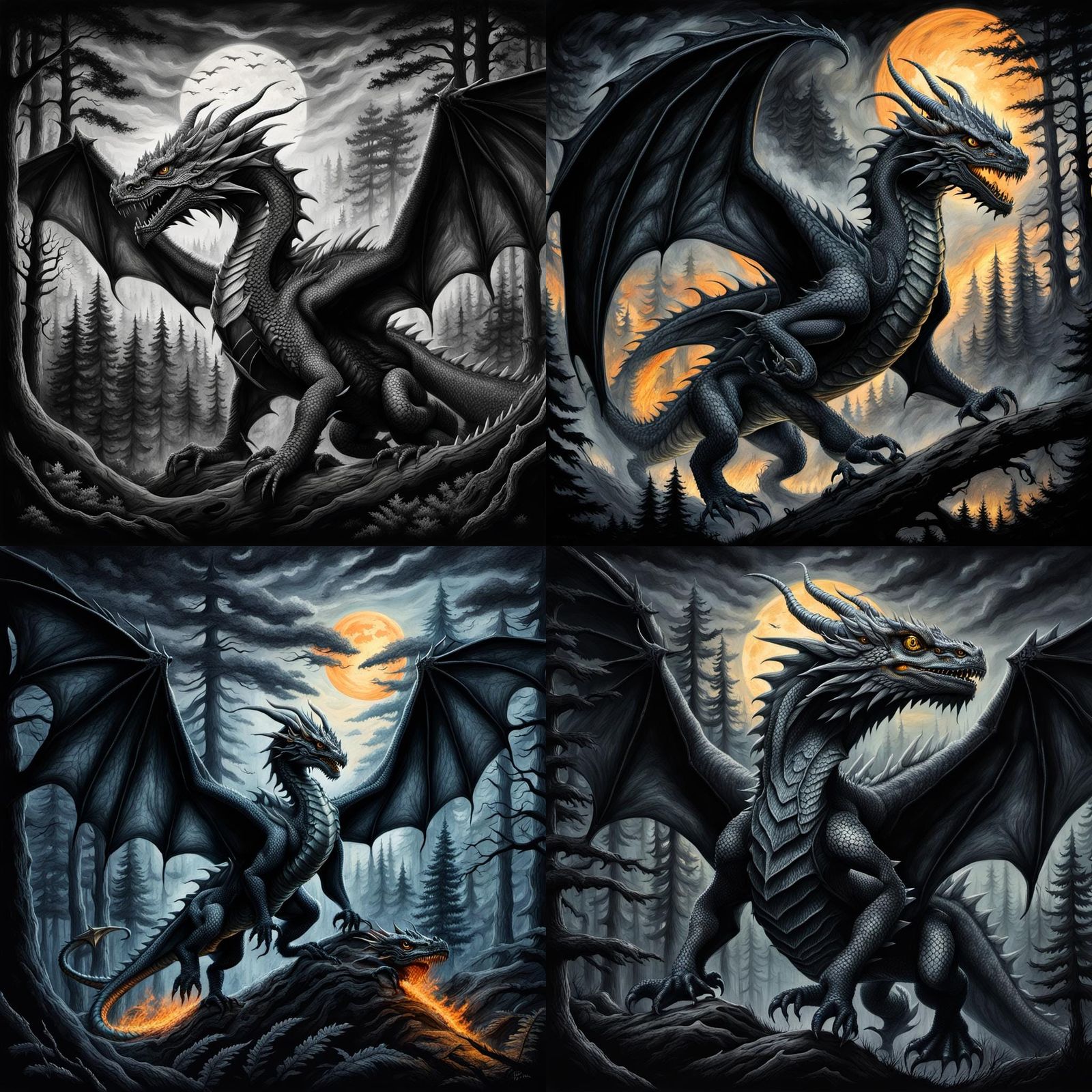 Dragon in Flight: Hyperdetailed Charcoal Drawing