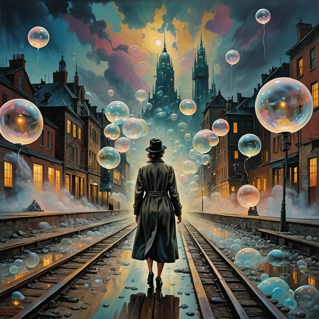 Surreal Woman on Railroad in Dreamlike City