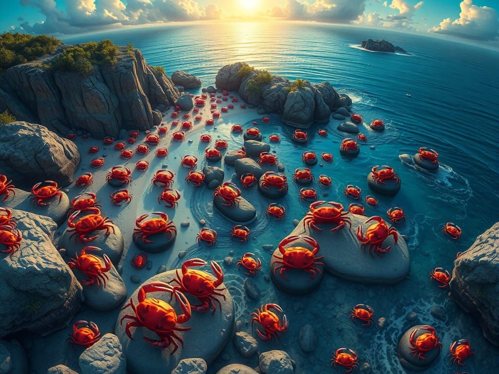 Vibrant Christmas Island Panorama with Dancing Red Crabs in...