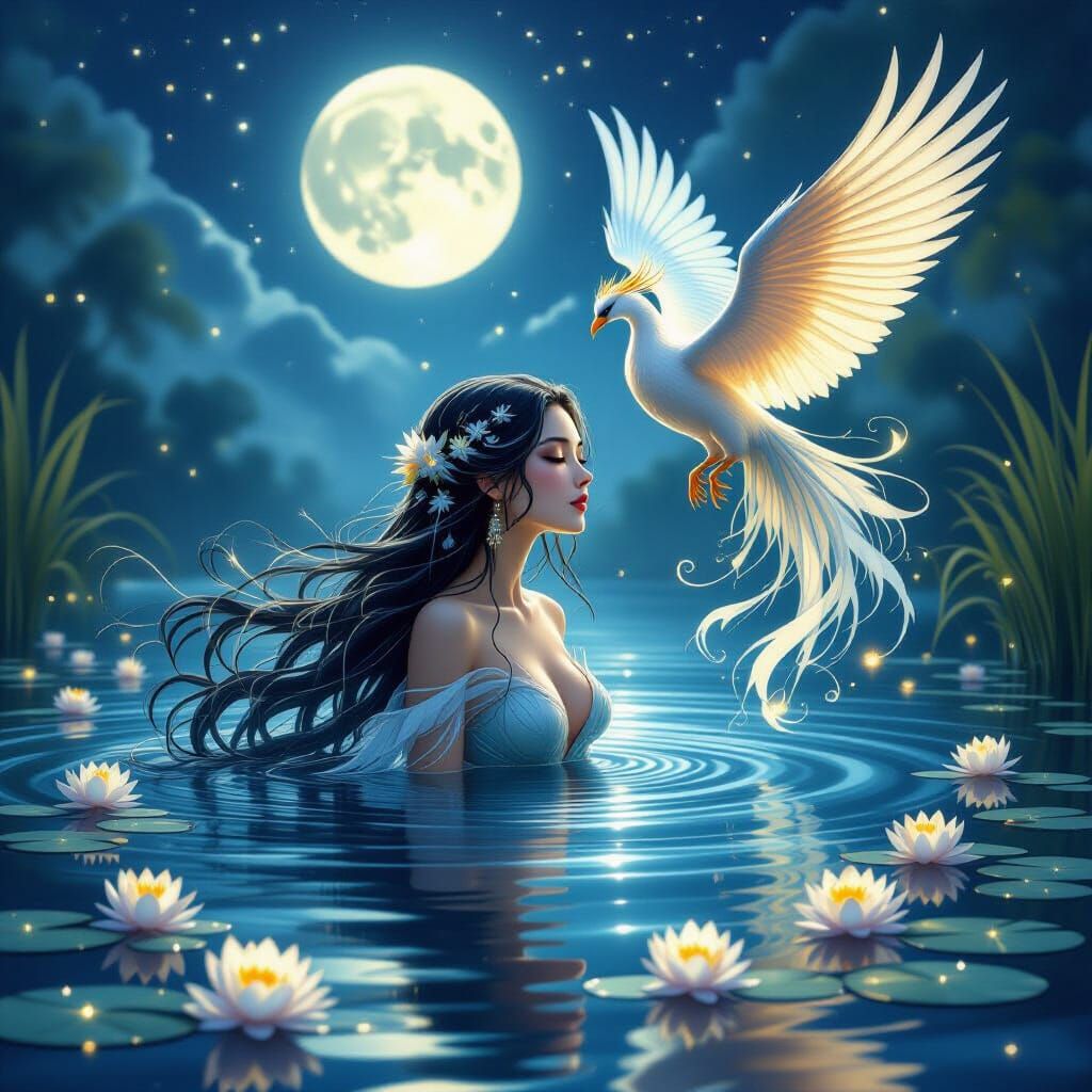Water Spirit and Phoenix in Moonlit Lake
