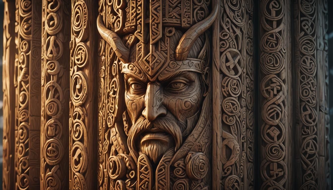 Detailed 3D Viking Totem Carving in Golden Light